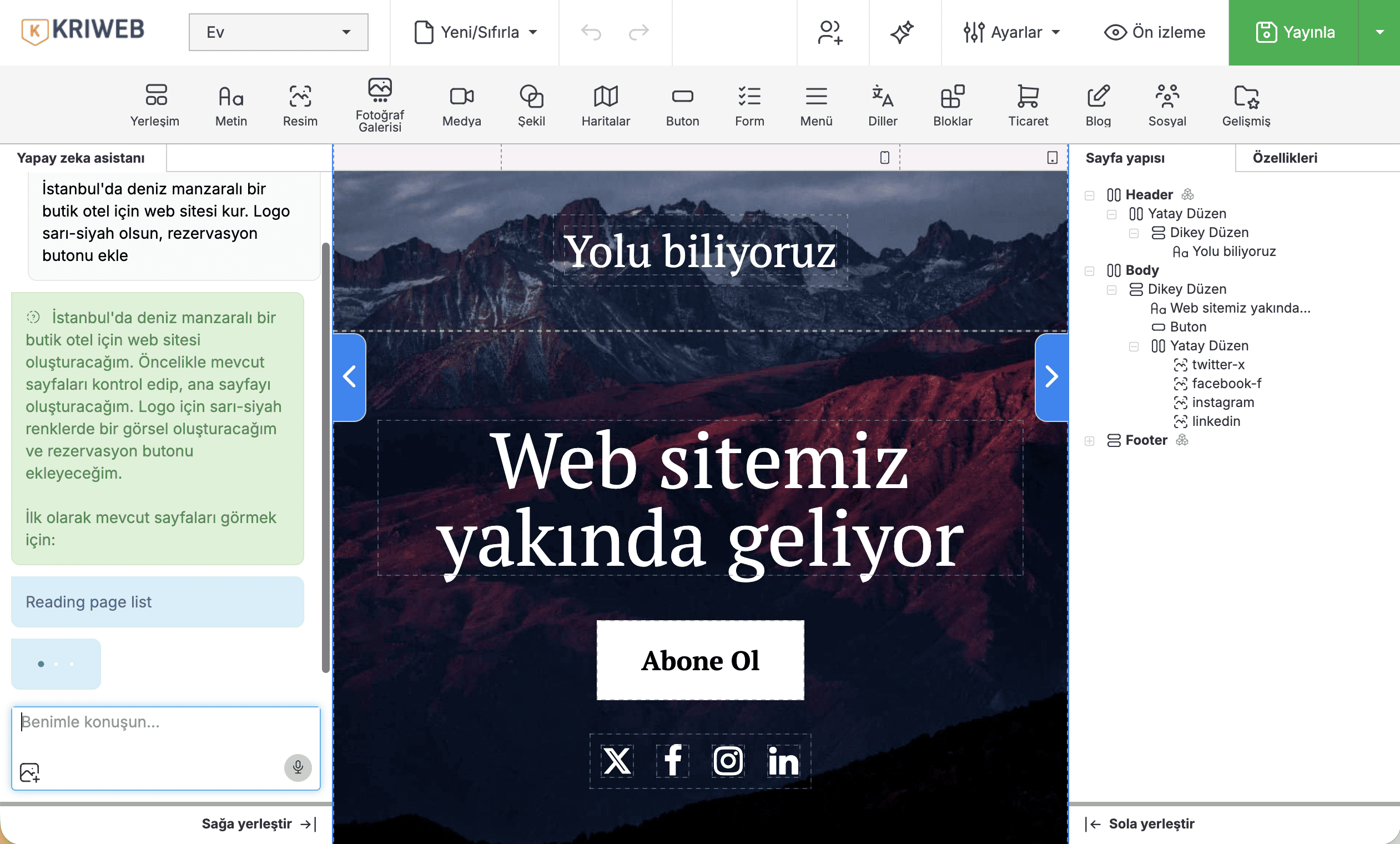 Hazır web sitesi editör ekranı
